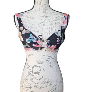 Becca by Rebecca Virtue Women's Size Large Black Coral Floral Print Bikini Top